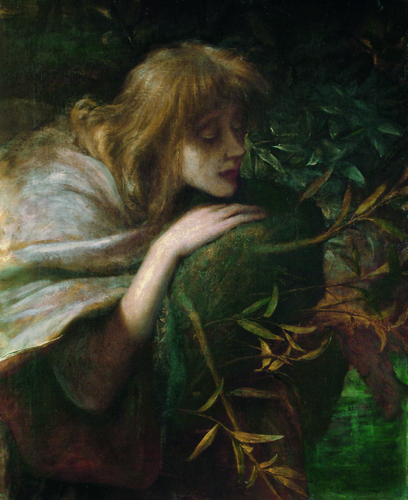 Oil painting featuring Ophelia in side profile closing her eyes surrounded by trees