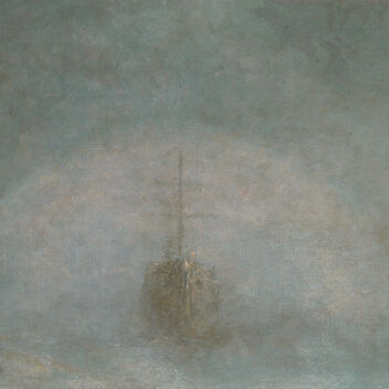 Oil painting of a ship in the mist