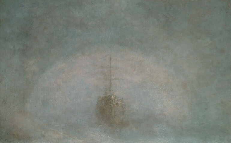 Oil painting of a ship in the mist