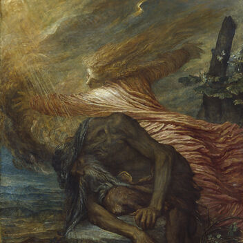 Figure of Cain dying on a rock with stormy sky
