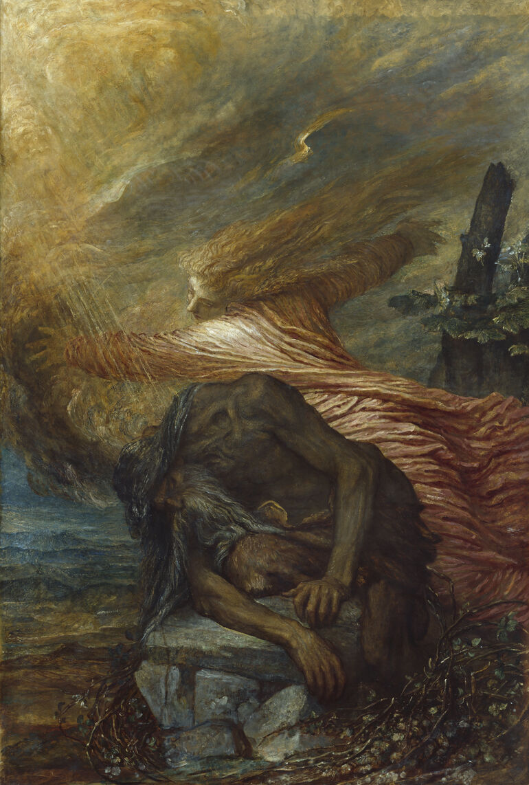 Figure of Cain dying on a rock with stormy sky
