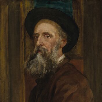 An oil painting self-portrait of George Frederic Watts, an old man with grey beard and hat