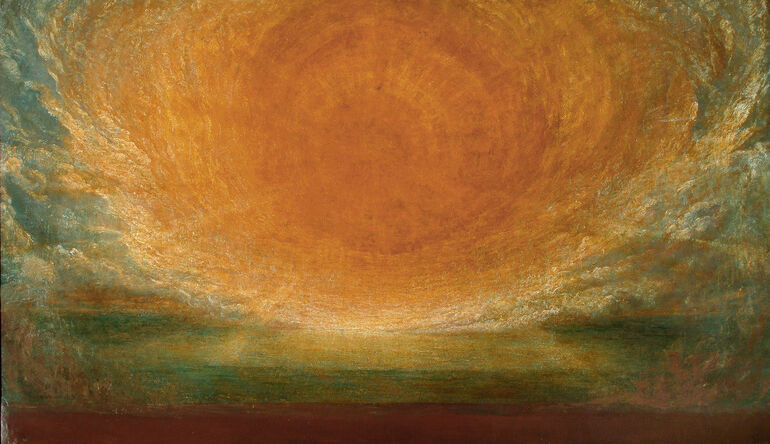 Oil on canvas painting depicting large orange and yellow sun with rays and dramatic clouds