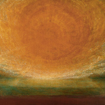 Oil on canvas painting depicting large orange and yellow sun with rays and dramatic clouds