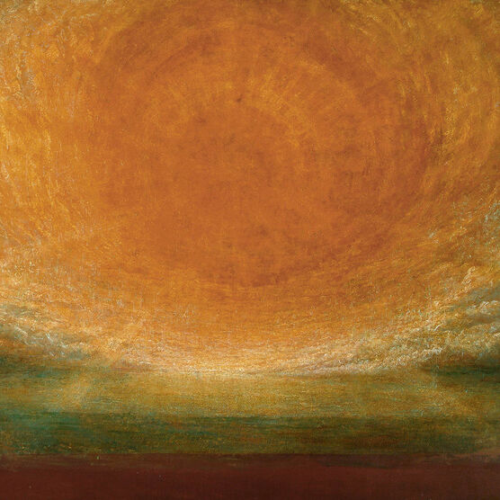 Oil on canvas painting depicting large orange and yellow sun with rays and dramatic clouds