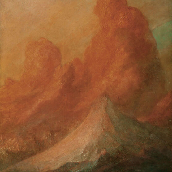 Oil on canvas painting depicting large snow covered mountain with dramatic orange and yellow cloudy sky