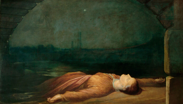Painting of a woman who has passed away, laying on the floor by a river