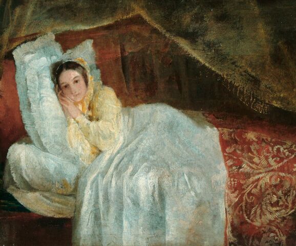 Painting of a woman wearing a white dress, laid on a daybed