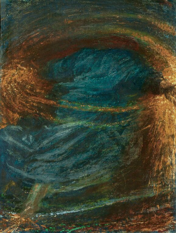 A blue robed abstract figure painted in oil