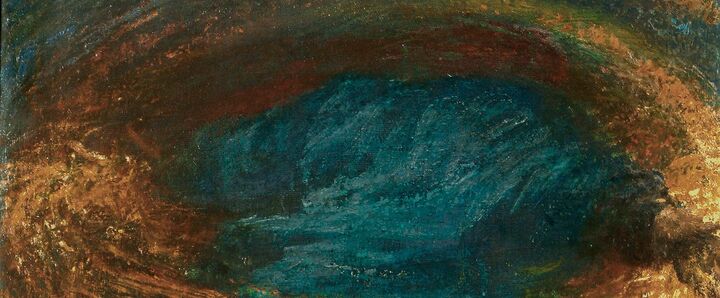 A blue robed abstract figure painted in oil