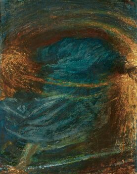A blue robed abstract figure painted in oil