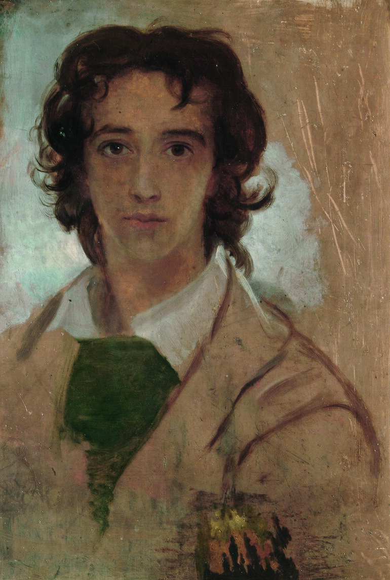 An unfinished sketch of Watts at 17 where neither the flesh of the face nor his clothing have been extensively painted