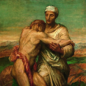 A clothed man supports another figure