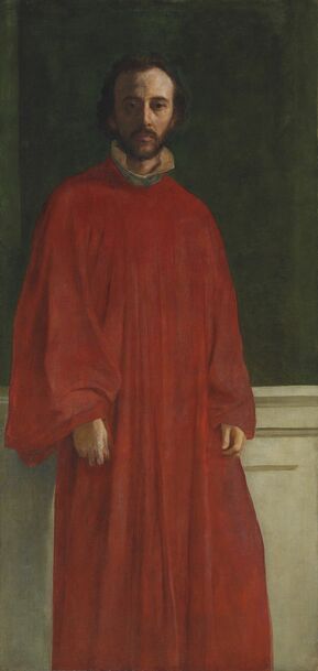 Watts wearing a red robe, painted almost lifesize