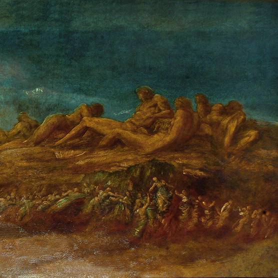 Figures struggle out of fire on the left towards a group of figures on the right