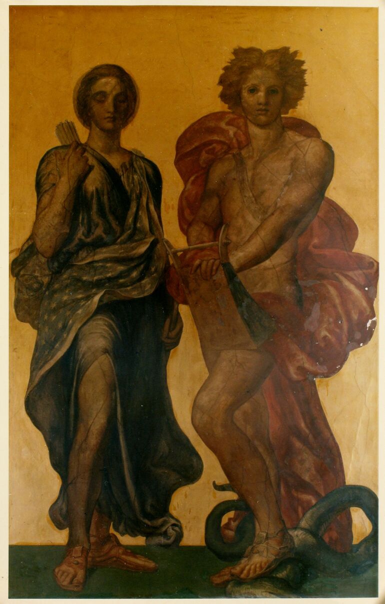 Two figures depicting the Roman twin gods Apollo and Diana against a gold background