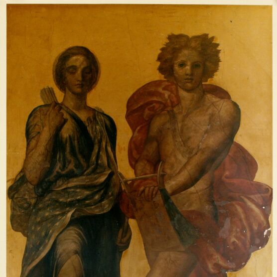Two figures depicting the Roman twin gods Apollo and Diana against a gold background
