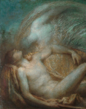 A man reclines with a woman leaning over him