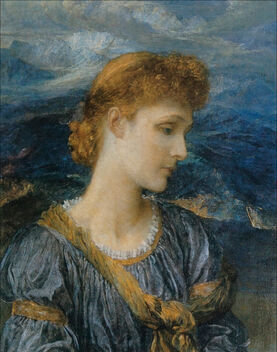 A woman in a blue dress looks down, behind her lays a mountain range