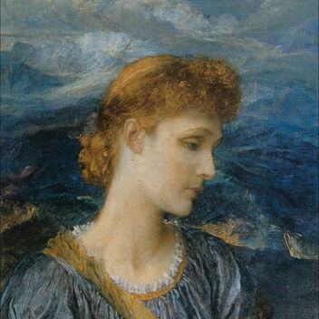 A woman in a blue dress looks down, behind her lays a mountain range