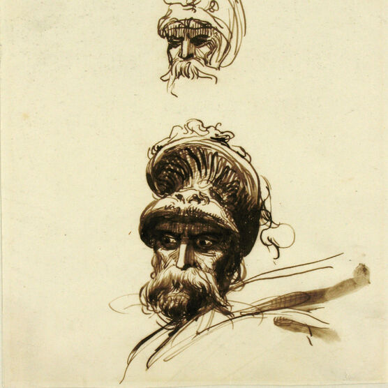 Pen drawings of a man in a plumed helmet