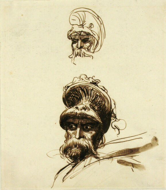 Pen drawings of a man in a plumed helmet