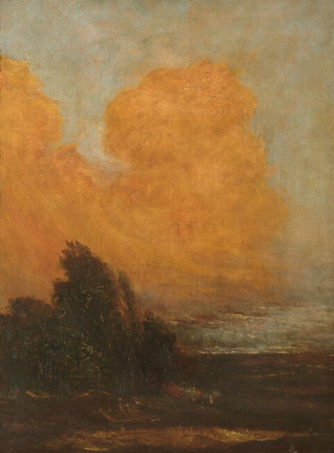 A landscape painting with an orange clouded sky and a tree