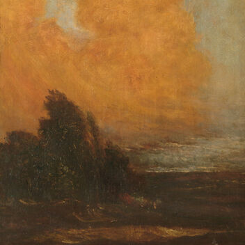 A landscape painting with an orange clouded sky and a tree