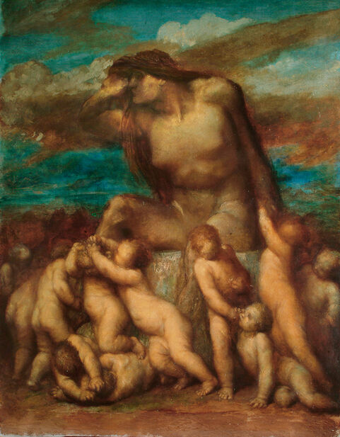 A women is surrounded by children in this painting