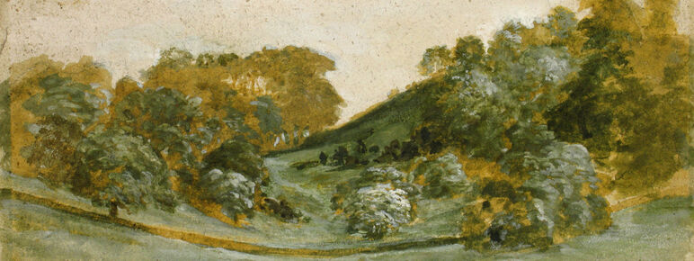 Green and brown watercolour study of a woodland and hills