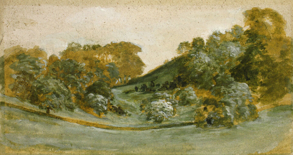 Green and brown watercolour study of a woodland and hills