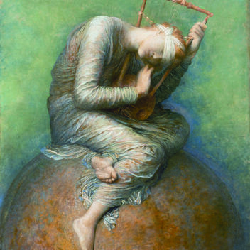 A blindfolded woman sits on a globe plucking at a broken lyre