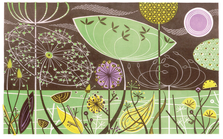 linocut by Angie Lewin of wildflowers on a green and black background