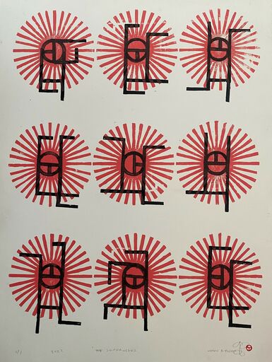 Abstract figurative woodcut print of nine figures with their arms and legs in different positions