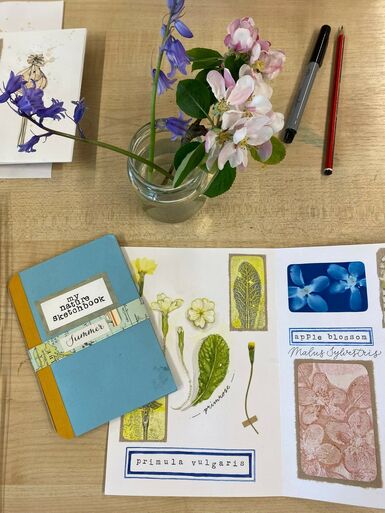 A sketchbook with watercolour paintings of green leaves and yellow flowers inside and a pot of flowers above it for reference.