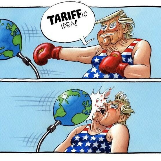 A comical illustration of a man punching the earth and getting hit in the face. Next to his head is a speech bubble saying 'tariffic idea!'.