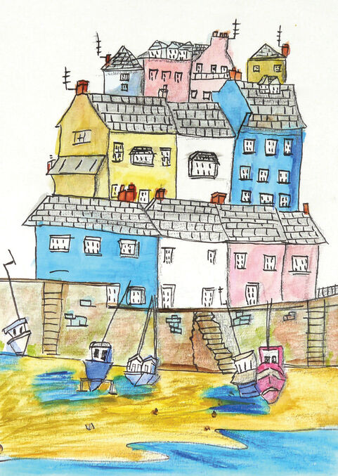 Colourful drawing of Tenby houses and beach