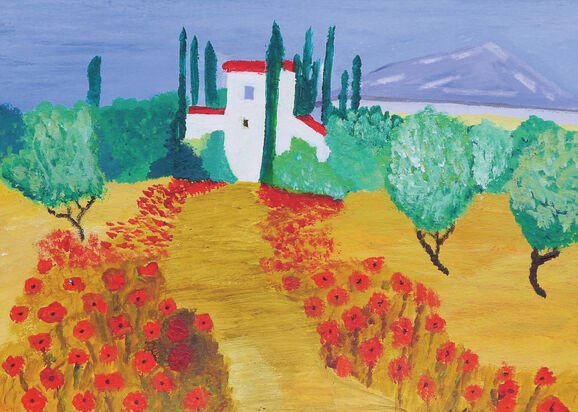 Artwork of Tuscany scene with buildings and flowers