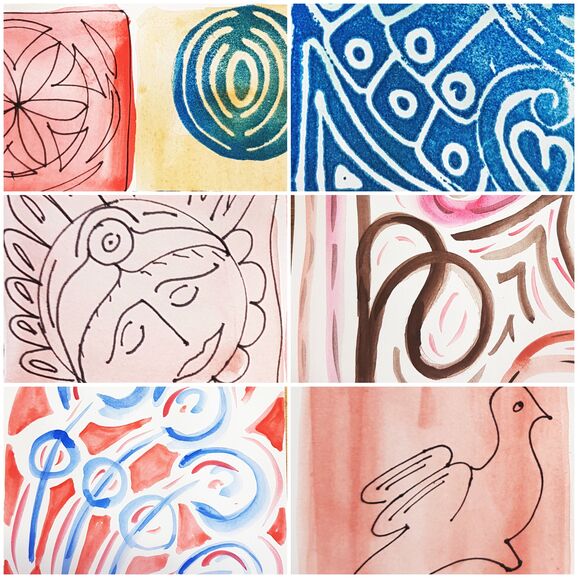 Watercolour panels containing different sketches inspired by Celtic designs