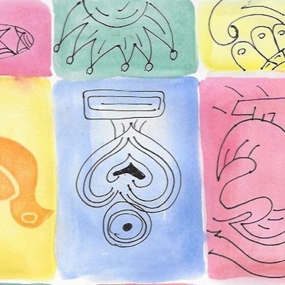 Watercolour panels in shades of green, yellow, pink and blue with pen drawings of birds or Celtic designs on each