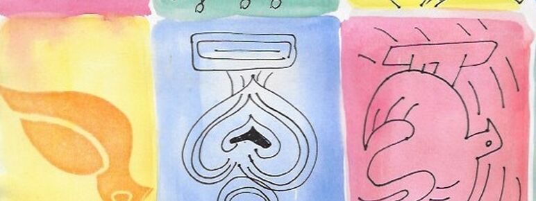 Watercolour panels in shades of green, yellow, pink and blue with pen drawings of birds or Celtic designs on each