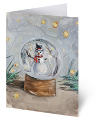Product image of Christmas card. On the card is a painting of a snow globe with a snowman inside,