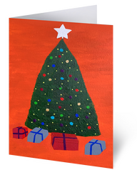 Product image of Christmas card. On the card is a painting of a decorated Christmas tree with a silver star on the top. The background of the painting is red, with red and blue presents under the tree.