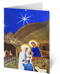 Product image of Christmas card. On the card is a nativity scene of Mary holding baby Jesus and Joseph standing behind them, with a bright star in the sky above them.