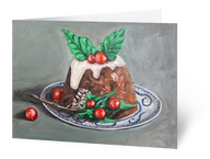 Product image of Christmas card. On the card is a painting of a plum pudding with berries and holly leaves placed on top.