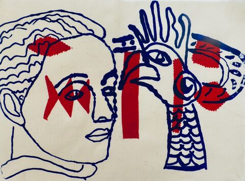 A navy drawing of a woman's face and cockerels head with red shapes layered over the top
