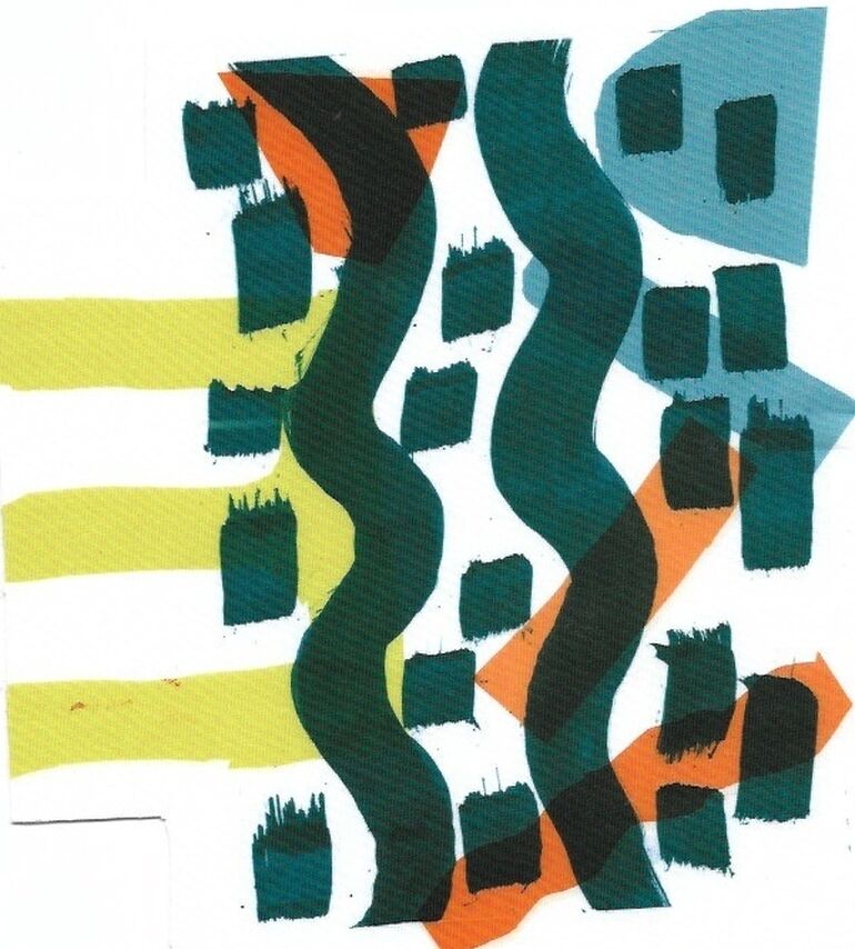 Multi-coloured block patterns printed on white paper