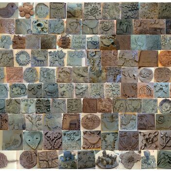 collection of pictures of handmade terracotta tiles arranged in a brick laying formation