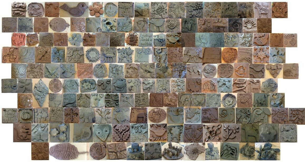 collection of pictures of handmade terracotta tiles arranged in a brick laying formation