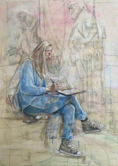 Artwork of the side-view of a blonde woman in all blue clothing sitting down and sketching